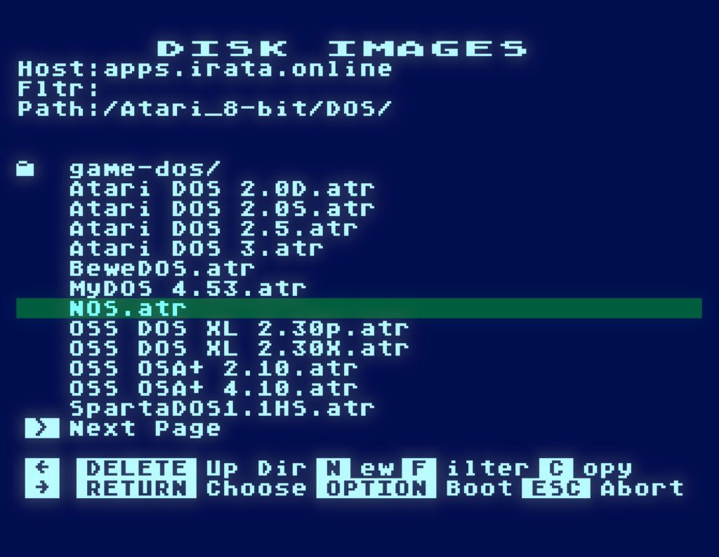 NOS is located on the apps.irata.online TNFS server, via the /Atari-8-bit/DOS/ path.