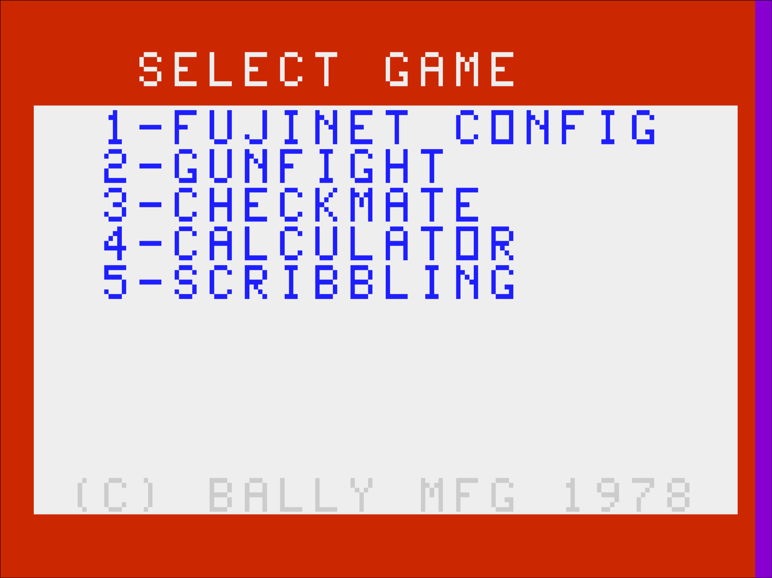 Bally Astrocade Menu showing CONFIG.